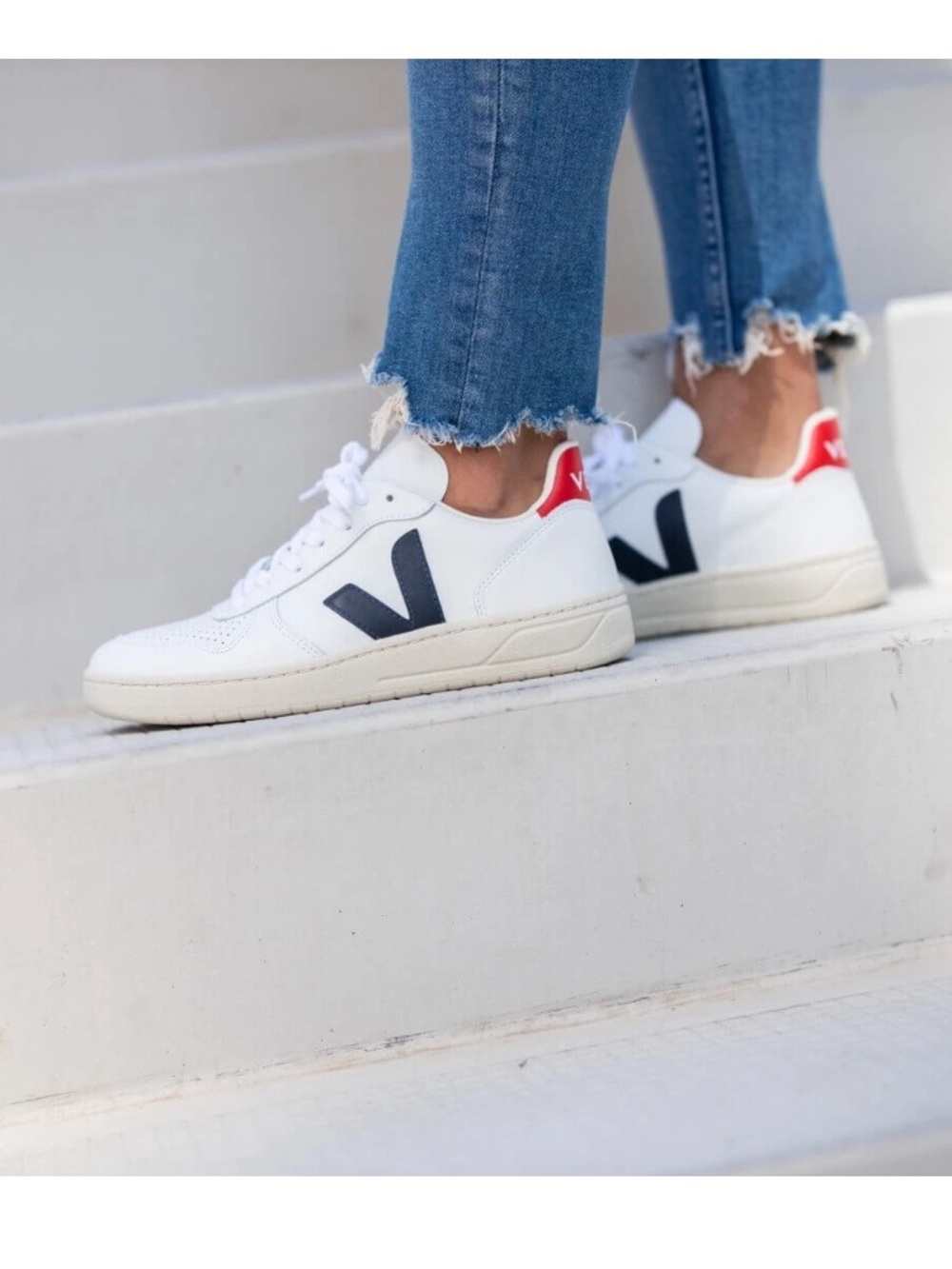 Veja V-10 Leather Sneakers in White with Black V and Red Heel Tab size 8
